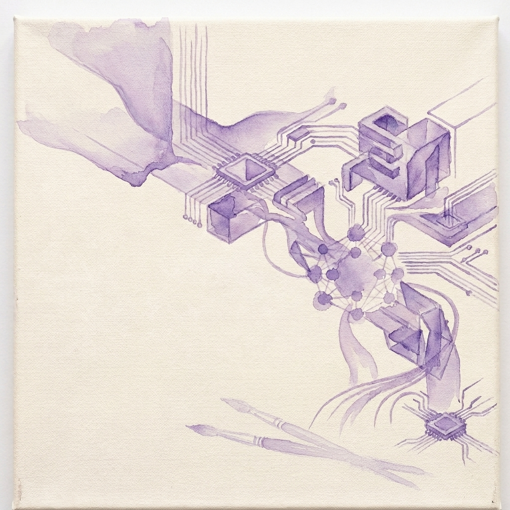 Watercolour painting of a network of circuits and connected nodes